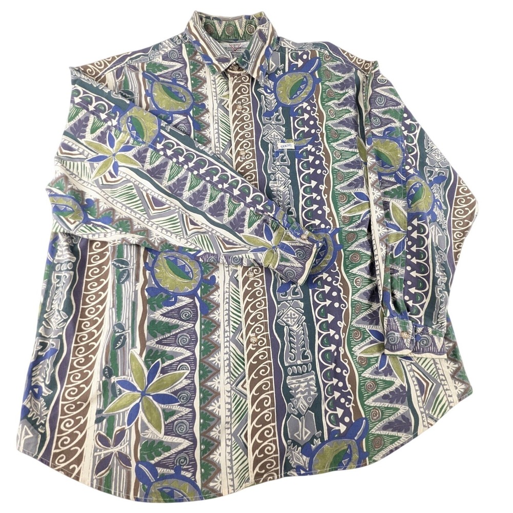 Tribal Vintage Guess by Georges Marciano Print Cotton Button Down Shirt Mens‎ L